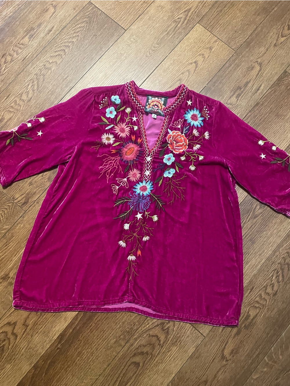 Johnny Was Ulla Velvet Easy V-Neck Blouse Fuschia Boho Embroidered